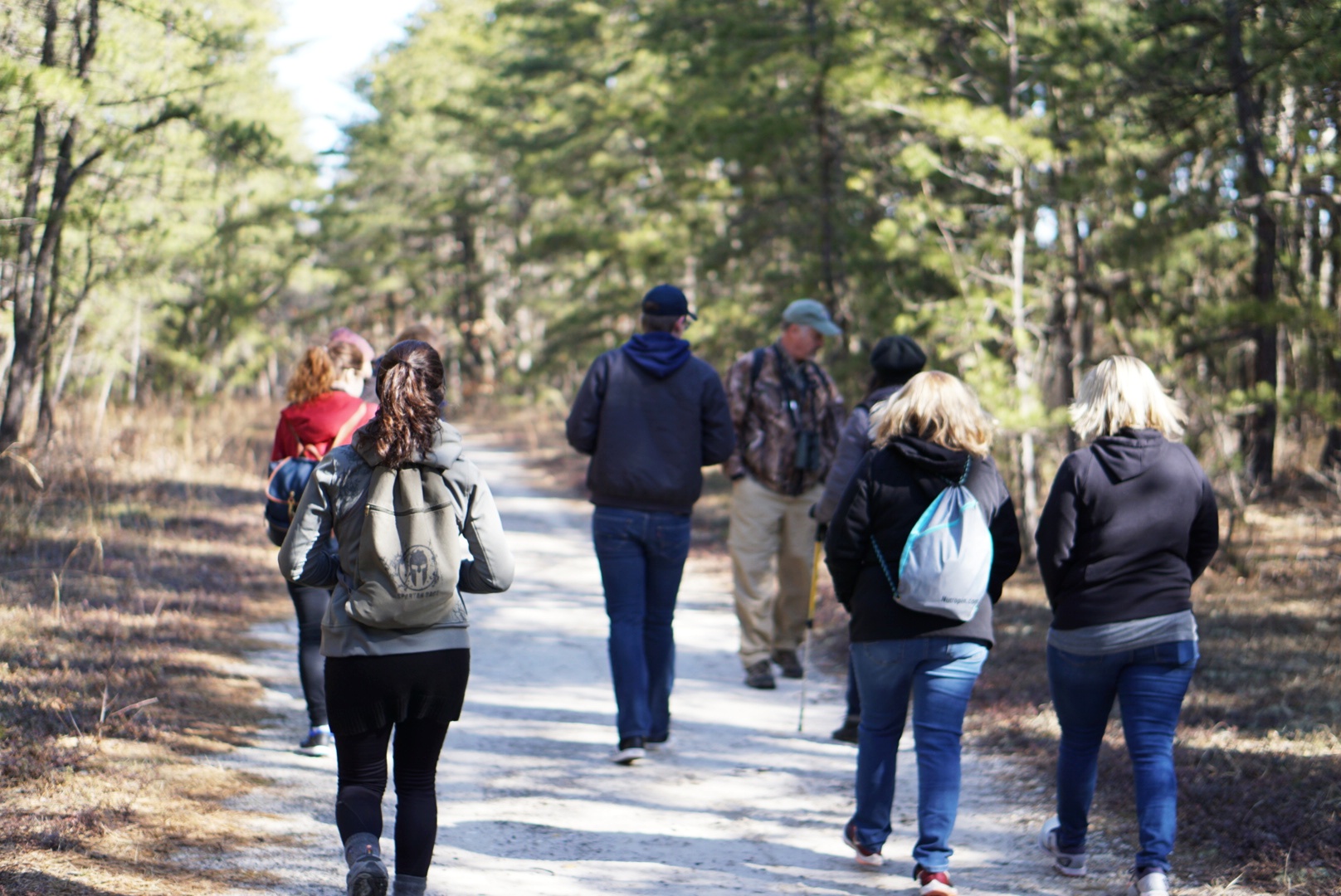 Group of people hiking in Cranberry Bog Preserve